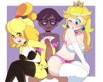  5:4 animal_crossing anthro big_penis black_clothing black_panties black_underwear blush boxf bra breasts canid canine canis clothing domestic_dog double_hot_dogging eyewear female garter_straps glasses group group_sex hi_res hot_dogging huge_penis human human_on_anthro interspecies isabelle_(animal_crossing) legwear male male/female male_on_anthro mammal mario_bros medium_breasts nintendo one_eye_closed onomatopoeia open_mouth open_smile panties penis pink_clothing pink_panties pink_underwear princess_peach sex smile sound_effects text thigh_highs threesome underwear video_games villager_(animal_crossing) 