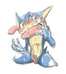  2014 bodily_fluids cum doneru genital_fluids greninja hi_res nintendo penis pok&eacute;mon pok&eacute;mon_(species) simple_background solo video_games 