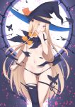  1girl abigail_williams_(fate/grand_order) bangs bare_shoulders black_bow black_headwear black_legwear black_panties blonde_hair blush bow breasts bug butterfly fate/grand_order fate_(series) forehead full_moon hat highres insect jilu key long_hair looking_at_viewer moon multiple_bows navel night night_sky orange_bow panties parted_bangs petals polka_dot polka_dot_bow red_eyes single_thighhigh sky small_breasts solo stuffed_animal stuffed_toy teddy_bear thighhighs thighs torn_clothes underwear witch_hat 