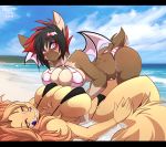 2019 absurd_res accessory all_fours anthro bat_wings beach bedroom_eyes big_breasts bikini black_hair blonde_hair bracelet breast_squish breasts breasts_frottage brown_body brown_fur canid canine canis chiropteran clothing domestic_dog duo eyebrow_through_hair eyebrows female female_on_top fluffy fluffy_tail fur hair hair_accessory hairpin half-closed_eyes hi_res huge_breasts jewelry kyu_(sagestrike2) long_hair long_tail looking_at_viewer lying mammal membrane_(anatomy) membranous_wings o-ring on_back on_top purple_eyes red_hair sagestrike2_(artist) sea seaside seductive short_tail smile squish swimwear tattoo translucent translucent_hair water watermark whiskers wings yellow_eyes 