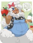 accessory apple basket bovid caprine clothing dialogue eyewear female food fruit glasses hair_accessory hair_bow hair_ribbon hi_res lipstick makeup mammal one_eye_closed overalls pancakes_(artist) plant ribbons sheep smile solo wink 