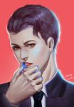  1boy android artist_name black_hair blue_blood connor_(detroit) dated detroit:_become_human finger_licking formal highres licking looking_at_viewer male_focus necktie red_background red_eyes solo suit upper_body yiqing_(yohare) 