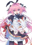  1boy absurdres astolfo_(saber)_(fate) bangs black_bow black_gloves black_ribbon blush bow bowtie commentary_request dress eyebrows_visible_through_hair fang fate/grand_order fate_(series) gloves hair_bow hair_intakes hair_ornament hair_ribbon highres long_hair long_sleeves looking_at_viewer multicolored_hair otoko_no_ko pink_hair purple_eyes ribbon simple_background solo streaked_hair tongue tongue_out twintails white_background white_hair zuho_(vega) 