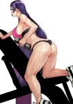  1girl 55level ass back bangs black_panties bra breasts dumbbell exercise fate/grand_order fate_(series) highres large_breasts legs long_hair low-tied_long_hair minamoto_no_raikou_(fate/grand_order) panties parted_bangs purple_bra purple_eyes purple_hair shoes simple_background smile sneakers solo sports_bra sweat thighs underwear very_long_hair white_background white_footwear 