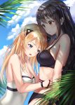  2girls absurdres bangs bare_shoulders bikini black_bikini blonde_hair blue_eyes blue_sky blush braid breasts brown_eyes brown_hair cleavage cloud collarbone day eyebrows_visible_through_hair french_braid girls_frontline hair_ornament hairclip highres k-2_(girls_frontline) k-5_(girls_frontline) long_hair lunacle medium_breasts multiple_girls navel open_mouth outdoors palm_tree ribbon shade sidelocks skindentation sky swimsuit tree white_swimsuit 