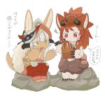  1girl 1other androgynous brown_eyes claws clipboard furry goggles goggles_on_head highres holding holding_clipboard holding_pen kawasemi27 long_hair looking_at_another made_in_abyss mitty_(made_in_abyss)_(furry) nanachi_(made_in_abyss) pen red_eyes red_hair short_hair sitting thought_bubble translation_request whiskers white_hair 