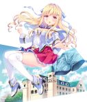  1girl :o blonde_hair blue_ribbon blue_sky blush boxers breasts building cleavage cloud detached_sleeves hair_ornament hair_ribbon hairclip long_sleeves official_art outstretched_hand purple_eyes red_skirt ribbon skirt sky small_breasts solo underwear wasabi_(sekai) white_legwear 