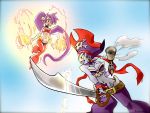  2013 4:3 battle belt blue_eyes breasts clothing duo ear_piercing ear_ring female fire genie gun hair handgun hi_res human humanoid humanoid_pointy_ears lipstick long_hair makeup mammal melee_weapon navel not_furry open_mouth piercing pirate_hat ponytail purple_hair ranged_weapon risky_boots shantae shantae_(series) signature sword twistedterra video_games wayforward weapon 