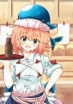  1girl animal_hat apron arm_up blue_shirt blurry blurry_background blush breasts commentary_request depth_of_field eyebrows_visible_through_hair green_eyes hair_between_eyes hand_on_hip hat head_tilt highres holding holding_tray indoors long_sleeves looking_at_viewer medium_breasts okunoda_miyoi open_mouth sachisudesu shirt short_hair sleeves_rolled_up solo standing tokkuri touhou tray upper_body waist_apron 