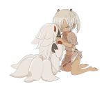  2others androgynous black_skin closed_eyes closed_mouth faputa furry highres kawasemi27 kneeling made_in_abyss multiple_others navel short_hair short_twintails twintails white_hair 