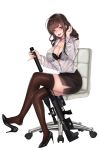  1girl absurdres assault_rifle bangs between_legs black_bra blush bra breasts brown_eyes brown_hair button_gap chair cleavage collared_shirt crossed_legs dress_shirt dsr-50_(girls_frontline) earrings eyebrows_visible_through_hair girls_frontline gun high_heels highres huge_filesize jewelry kuraken large_breasts long_hair looking_at_viewer miniskirt office_chair office_lady open_clothes open_mouth open_shirt pencil_skirt rifle see-through shirt side_slit sitting skirt teacher thighhighs thighs tongue tongue_out underwear weapon white_shirt 