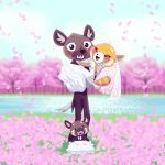  1:1 absurd_res aggressive_retsuko ailurid anthro blurred_background blush bottomwear brown_body brown_fur carrying cherry_blossom clothed clothing cub detailed_background dress fully_clothed fur group haida hi_res hyaenid inner_ear_fluff looking_at_viewer mammal open_mouth open_smile orange_body orange_fur pacifier pants plant red_panda retsuko ring river sanrio sharp_teeth skeletonguys-and-ragdolls smile suit teeth tree tuft water wedding_dress wedding_ring young 