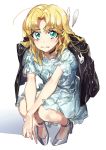  1girl blonde_hair blush bunny closed_mouth collar dress earrings flat_chest green_eyes grey_dress highres jacket jewelry long_hair open_eyes original shoes solo v_arms wattaro white_dress wings 