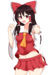  2019 accessory black_hair bottomwear breasts clothing female hair hair_accessory hair_ribbon hi_res human human_only looking_at_viewer mammal navel not_furry open_mouth red_eyes reimu_hakurei ribbons simple_background skirt smile solo t-d touhou video_games white_background 