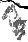  1girl animal_ear_fluff animal_ears argyle argyle_legwear ass bangs blush branch breasts cat_ears cat_girl cat_tail cheshire_cat_(monster_girl_encyclopedia) claws commentary english_commentary eyebrows_visible_through_hair floating full_body fur greyscale grin hair_between_eyes high_heels looking_at_viewer medium_breasts medium_hair monochrome monster_girl_encyclopedia parted_lips paws sharp_teeth simple_background smile solo striped_tail tail teeth thighhighs twrlare upside-down white_background 