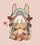 1other :3 animal_ears artist_name blush eyebrows_visible_through_hair furry heart helmet kawasemi27 looking_at_viewer made_in_abyss nanachi_(made_in_abyss) one_eye_closed open_mouth pink_background simple_background sitting smile tail twitter_username whiskers 