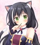  1girl animal_ear_fluff animal_ears bangs bare_shoulders black_hair black_sleeves blush breasts cat_ears cat_girl cat_tail closed_mouth detached_sleeves eyebrows_visible_through_hair flying_sweatdrops food food_in_mouth green_eyes hair_between_eyes hand_up korie_riko kyaru_(princess_connect) long_hair long_sleeves low_twintails mouth_hold multicolored_hair pocky princess_connect! princess_connect!_re:dive shirt sleeveless sleeveless_shirt small_breasts solo streaked_hair tail twintails upper_body white_hair white_shirt 