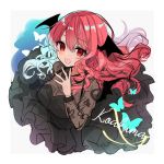  1girl :d alternate_costume artist_name bangs black_dress blush border bug butterfly commentary_request demon_wings dress eyebrows_visible_through_hair grey_background hair_between_eyes hand_up head_wings highres insect koakuma long_hair long_sleeves looking_at_viewer natsuki_(ukiwakudasai) open_mouth red_eyes red_hair simple_background smile solo touhou upper_body white_border wings 