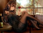  brown_hair couch cropped dress drink dsr-50_(girls_frontline) girls_frontline long_hair pantyhose testame 