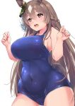  1girl :o absurdres animal_ears arms_up bangs blue_swimsuit blush braid breasts brown_eyes brown_hair commentary_request covered_navel curvy hair_between_eyes hair_ornament highres horse_ears horse_girl kntrs_(knyrs) large_breasts long_hair one-piece_swimsuit open_mouth satono_diamond_(umamusume) school_swimsuit sideboob simple_background solo swimsuit taut_clothes taut_swimsuit teeth umamusume upper_teeth very_long_hair white_background 