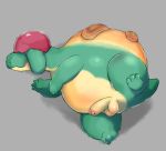  2019 anthro appletun balls belly green_body humanoid_hands humanoid_penis lambent lying male nintendo overweight overweight_male penis pok&eacute;mon pok&eacute;mon_(species) scalie simple_background solo video_games 