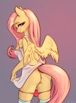  2019 anthro bodily_fluids butt clothing equid equine female fluttershy_(mlp) friendship_is_magic genital_fluids hi_res looking_at_viewer mammal my_little_pony pterippus pussy pussy_juice simple_background smile solo underwear vincher wings 