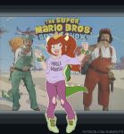  2018 5_fingers biped black_eyes bottomwear bowser bowsette_meme clothed clothing crown danny_wells english_text fingers footwear front_view gunmouth hair hi_res high_heels horn human humanoid jeans lou_albano luigi mammal mario mario_bros milli_vanilli nintendo open_mouth pants ponytail red_hair screencap_background sharp_teeth shoes standing super_crown super_mario_bros_super_show teeth text torn_bottomwear torn_clothing torn_jeans torn_pants url video_games white_outline 