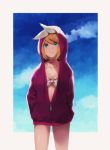  :&lt; arm_behind_back bare_legs bikini bikini_under_clothes blonde_hair blue_eyes blue_sky bow breasts cleavage closed_mouth cloud collarbone eyebrows hair_bow hand_in_pocket hood hood_up hoodie kagamine_rin looking_at_viewer mipi pink_hoodie purple_hoodie short_hair sky solo swimsuit unzipped vocaloid 