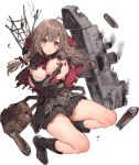  1girl bag banned_artist belt belt_buckle black_footwear black_skirt boots braid breasts brown_belt brown_eyes brown_hair buckle hair_ribbon kantai_collection large_breasts long_hair long_sleeves machinery multicolored multicolored_clothes official_art paseri pleated_skirt red_hood red_ribbon ribbon shinshuumaru_(kantai_collection) skirt solo torn_clothes transparent_background turret twin_braids 