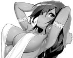  1girl armlet armpits arms_behind_head azur_lane backless_outfit bangs bare_shoulders black_hair blush braid breasts cleavage dark_skin dress earrings eyebrows_visible_through_hair greyscale hair_between_eyes hori_(hori_no_su) jewelry large_breasts long_hair looking_at_viewer monochrome native_american simple_background solo south_dakota_(azur_lane) south_dakota_(solo_concert)_(azur_lane) very_long_hair white_background white_dress 