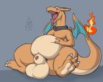  2019 animal_genitalia balls belly big_balls charizard covertcanine feral male nintendo open_mouth penis pink_penis pok&eacute;mon pok&eacute;mon_(species) razi_(covertcanine) sheath simple_background solo tongue tongue_out video_games 