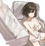  1girl bangs bed blush bob_cut brown_eyes brown_hair hand_in_panties hashimoto_kokai masturbation original panties pillow short_hair solo tissue_box topless underwear 