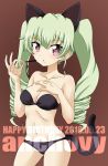  anchovy animal_ears bangs bikini black_bikini black_ribbon breasts brown_background cat_ears cat_tail character_name cleavage commentary cowboy_shot dated drill_hair english_text fake_animal_ears fake_tail food food_on_face fujimaru_arikui girls_und_panzer green_hair hair_ribbon hand_on_own_chest happy_birthday holding holding_food long_hair looking_at_viewer medium_breasts parted_lips pocky red_eyes ribbon simple_background standing strapless strapless_bikini swimsuit tail twin_drills twintails 