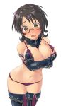  1girl a_(user_jxyc5837) alternate_costume asano_fuuka black_collar black_footwear black_gloves black_hair blush boots bra breasts bridal_gauntlets cleavage collar covering covering_breasts detached_collar dot_nose embarrassed eyebrows_visible_through_hair frilled_gloves frills glasses gloves hair_down highres idolmaster idolmaster_cinderella_girls jimiko lace lace-trimmed_bra lace_collar large_breasts leaning_forward looking_at_viewer lowleg lowleg_panties messy_hair navel open_mouth panties purple-framed_eyewear purple_bra purple_panties semi-rimless_eyewear short_hair simple_background solo standing thigh_boots thighhighs thighs under-rim_eyewear underwear white_background yellow_eyes 