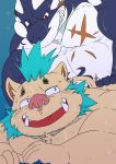  anal blue_hair bodily_fluids butt fish gouryou hair hi_res male male/male mammal marine musclegut nude pecs scar sex shark suid suina sus_(pig) sweat tokyo_afterschool_summoners tusks typhon video_games wild_boar yukikazefactory 