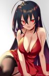  1girl absurdres ahoge arm_support azur_lane black_hair black_legwear black_panties breasts choker cleavage dress fanbox_reward garter_straps hair_between_eyes highres large_breasts long_hair looking_at_viewer one_side_up paid_reward panties red_dress red_eyes side_slit sidelocks simple_background sitting smile solo taihou_(azur_lane) taihou_(forbidden_feast)_(azur_lane) takashiru thighhighs underwear very_long_hair yokozuwari 