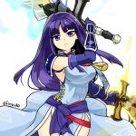  1girl alondite altina arm_guards blue_eyes blue_hair closed_mouth dress dual_wielding fire_emblem fire_emblem:_radiant_dawn fire_emblem_heroes holding holding_sword holding_weapon long_hair pelvic_curtain ragnell shoulder_armor sleeveless sleeveless_dress solo sword twitter_username weapon yukia_(firstaid0) 