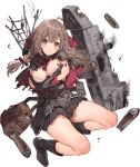  1girl bag banned_artist belt belt_buckle black_footwear black_skirt boots braid breasts brown_belt brown_eyes brown_hair buckle hair_ribbon kantai_collection large_breasts long_hair long_sleeves machinery multicolored multicolored_clothes official_art paseri pleated_skirt red_hood red_ribbon remodel_(kantai_collection) ribbon shinshuumaru_(kantai_collection) skirt solo torn_clothes transparent_background turret twin_braids 