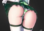  1girl akatsuki_kirika ass ass_focus bent_over cameltoe close-up commentary_request elbow_gloves from_behind gloves good_meat_day highres lower_body niyu_n_iyun senki_zesshou_symphogear shiny shiny_hair shiny_skin simple_background skirt skirt_lift solo striped striped_legwear thighhighs thighs 
