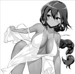  1girl armlet azur_lane backless_outfit bangs bare_shoulders black_hair blush braid breasts breasts_apart collarbone dark_skin dress dress_lift earrings eyebrows_visible_through_hair floating_hair greyscale hair_between_eyes hori_(hori_no_su) jewelry large_breasts leaning_forward lifted_by_self long_hair monochrome native_american simple_background solo south_dakota_(azur_lane) south_dakota_(solo_concert)_(azur_lane) very_long_hair white_background white_dress 