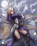  1girl absurdres armor blonde_hair braid breasts cloud cloudy_sky dutch_angle fate/grand_order fate_(series) headpiece highres jeanne_d&#039;arc_(fate) jeanne_d&#039;arc_(fate)_(all) large_breasts long_braid looking_at_viewer nayamer purple_eyes single_braid sky solo standard_bearer thighhighs 