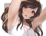  1girl :o armpits arms_up bare_shoulders breasts brown_eyes brown_hair camisole cleavage idolmaster idolmaster_shiny_colors long_hair looking_at_viewer open_mouth shirt sleeveless sleeveless_shirt solo spaghetti_strap sunaba_suzume sweat tsukioka_kogane two-tone_background upper_body white_shirt 