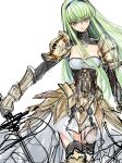  1girl armor armored_dress breasts c.c. chrysaor_(granblue_fantasy) cleavage code_geass cosplay creayus gauntlets granblue_fantasy green_hair long_hair looking_at_viewer medium_breasts pauldrons sketch smile solo sword weapon white_background yellow_eyes 