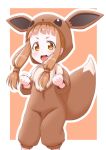  1girl :d bangs blunt_bangs blush brown_eyes brown_hair child clenched_hands cosplay dot_nose eevee eevee_(cosplay) eevee_costume eevee_ears eevee_tail highres hood hood_up ichihara_nina idolmaster idolmaster_cinderella_girls kigurumi long_hair looking_away low-tied_long_hair open_mouth orange_background outline poke_kid_(pokemon) poke_kid_(pokemon)_(cosplay) pokemon roco_(katsuya1011) short_eyebrows sidelocks smile solo standing tareme upper_body 