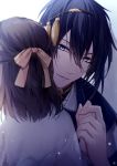  1boy 1girl bangs black_hair blue_eyes bow brown_bow brown_hair commentary_request eyebrows_visible_through_hair female_saniwa_(touken_ranbu) fingernails hair_between_eyes hair_bow hand_up holding_hand japanese_clothes kariginu kimono long_sleeves looking_at_viewer mikazuki_munechika mochizuki_shiina parted_lips saniwa_(touken_ranbu) sayagata smile touken_ranbu upper_body white_kimono 