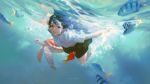  1girl air_bubble barefoot black_hair blue_eyes bubble closed_mouth day fish g-tz highres lips long_hair looking_at_viewer ocean shirt signature skirt solo swimming turtle underwater white_shirt 