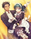  1boy 1girl blue_eyes blue_hair brown_hair butler byleth_(fire_emblem) byleth_(fire_emblem)_(female) claude_von_riegan dark_skin dark_skinned_male fire_emblem fire_emblem:_three_houses gloves green_eyes holding_hands long_sleeves maid maid_headdress medium_hair one_eye_closed open_mouth short_hair twitter_username white_gloves yamyom 