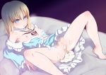  1girl :o after_sex arm_support bangs barefoot bed blonde_hair blue_choker blue_eyes blue_shirt blue_skirt breasts chest_tattoo choker command_spell cum cum_in_pussy cum_on_body cum_on_lower_body cum_pool eyebrows_visible_through_hair fate/prototype fate_(series) frilled_choker frilled_sleeves frills highres konboi-eg long_sleeves lying medium_hair off_shoulder on_back on_bed open_clothes open_shirt overflow puffy_nipples pussy sajou_manaka shirt skirt skirt_lift skirt_set small_breasts solo spread_legs tattoo 