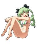  1girl anchovy aono3 bangs bikini boots breasts closed_mouth commentary drill_hair eyebrows_visible_through_hair flag_print from_side full_body girls_und_panzer green_hair hair_ribbon highres italian_flag_bikini knee_boots leg_hug long_hair looking_at_viewer medium_breasts navel print_bikini red_eyes ribbon simple_background sitting skindentation smile solo swimsuit twin_drills twintails white_background 