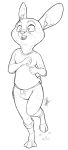  absurd_res anthro barefoot black_and_white bottomwear buckteeth cheek_tuft clothed clothing disney earbuds facial_tuft fully_clothed fur headphones hi_res judy_hopps lagomorph leporid mammal monochrome pants rabbit running secoh2000 shirt simple_background sketch solo t-shirt teeth topwear tuft white_background zootopia 